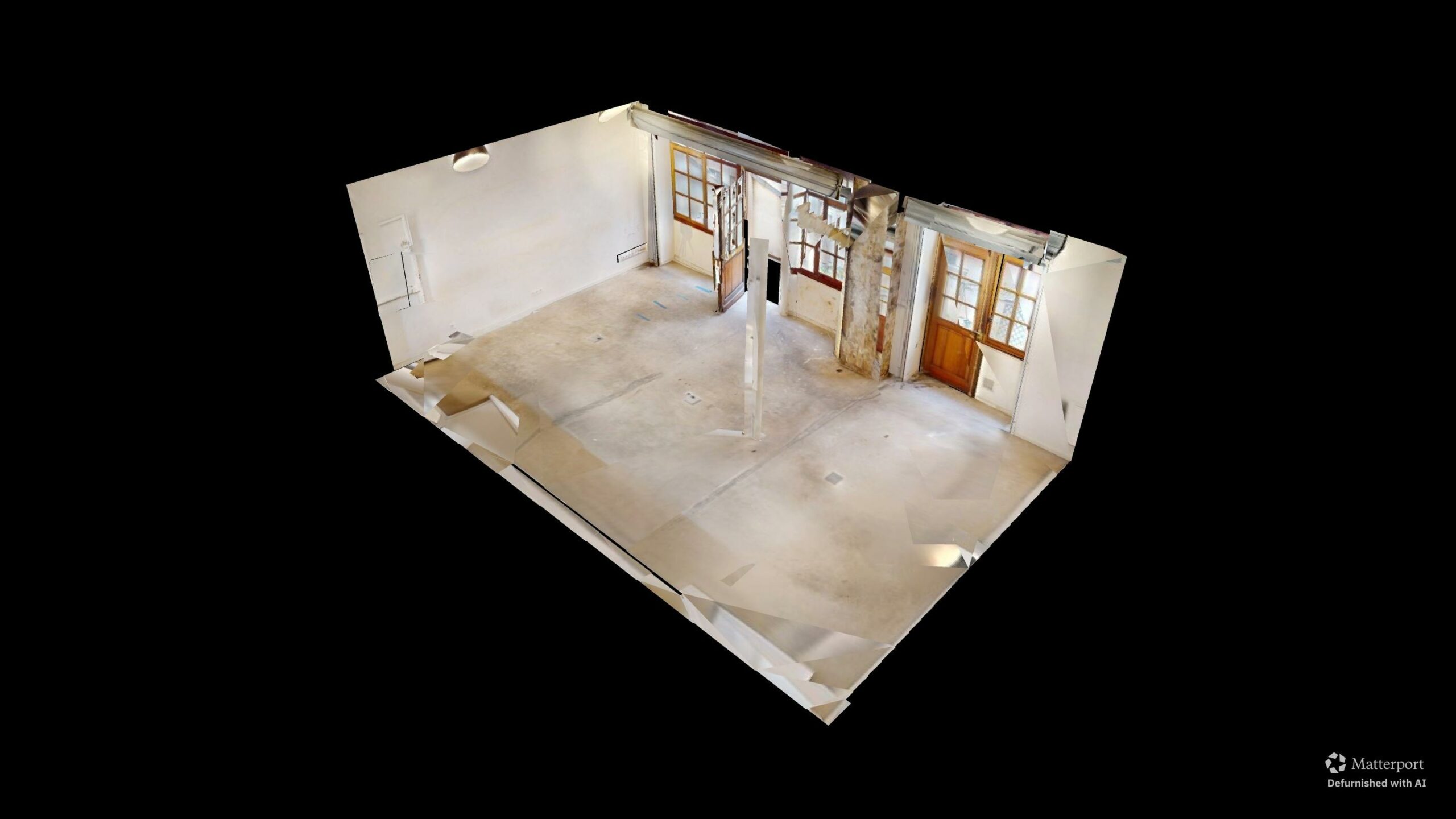 Vue 3D en coupe (dollhouse) du volume, mobilier retiré numériquement — local commercial 44 m² à louer, rue du Faubourg Saint-Martin, Paris 10e