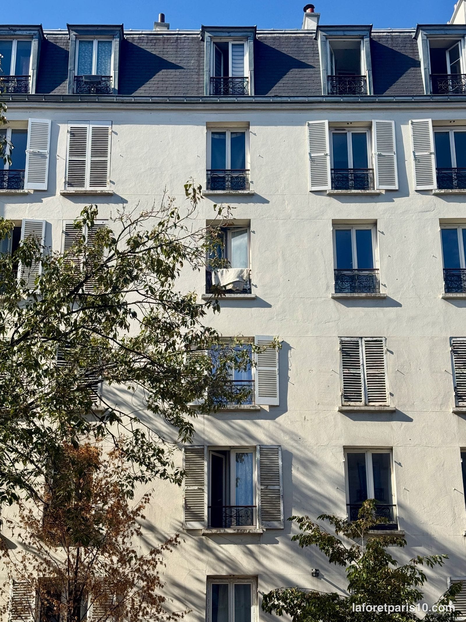 Étages et lucarnes du 203 rue du Faubourg Saint-Martin, Paris 10e, avec persiennes et garde-corps en fer forgé