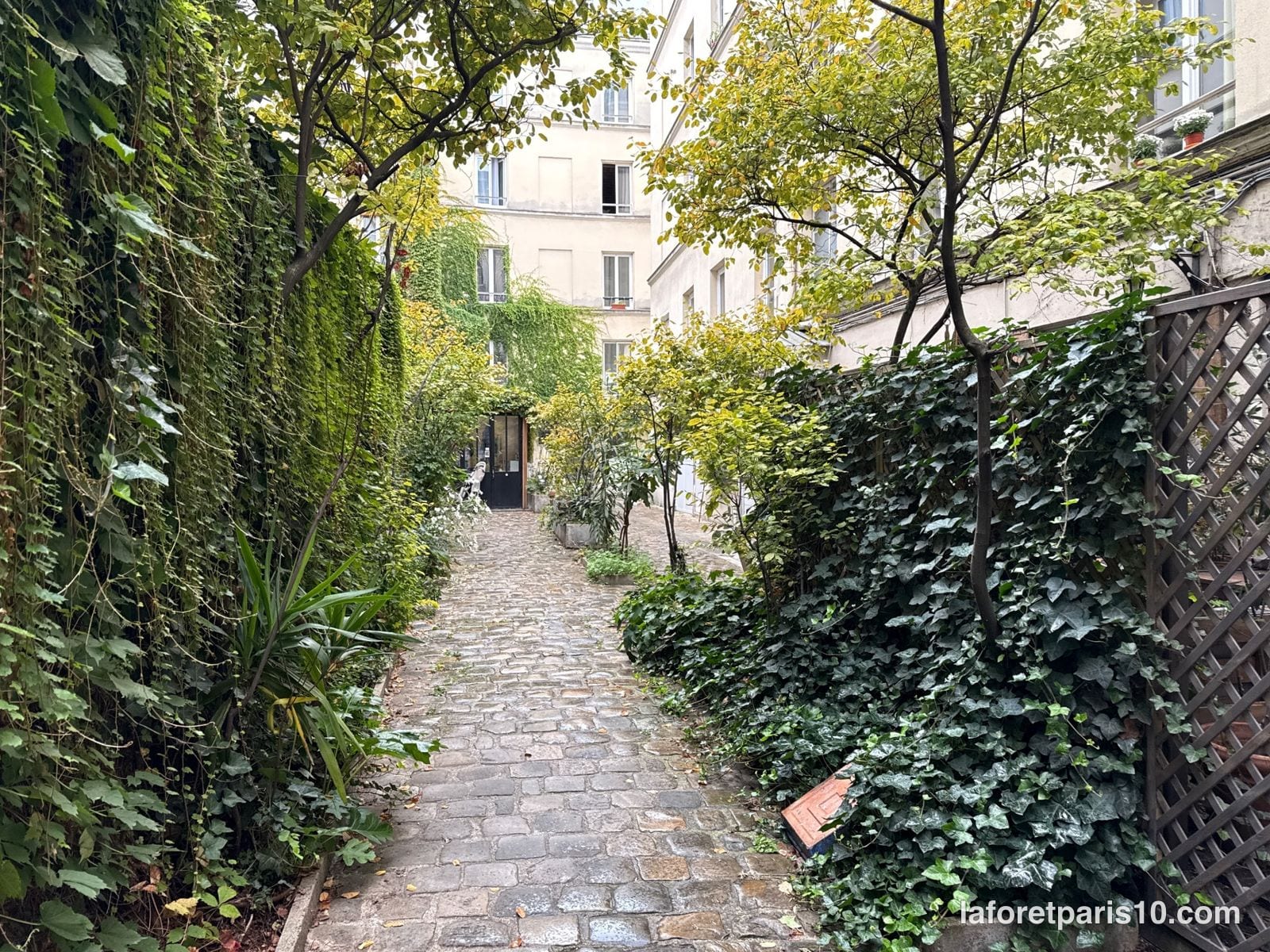 Allée pavée bordée de lierre et d'arbres dans la cour du 60 rue du Faubourg Saint-Denis, Paris 10e